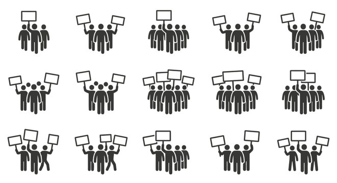 Protestors holding blank signs, crowd demonstration icons, vector illustration
