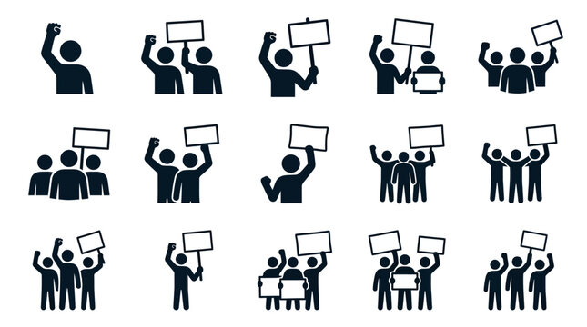Protestors Holding Signs, Demonstration Crowd, Social Activism Icons
