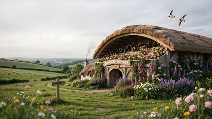 Obraz premium Enchanting Hobbit-style house with vibrant flower garden, rolling green hills and scenic countryside background