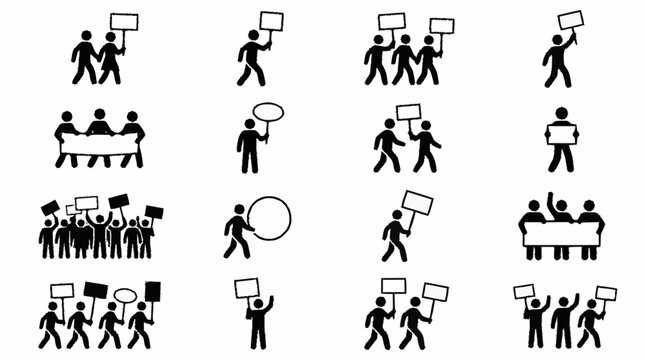 Protest Icons: People marching with signs, banners and placards for demonstration