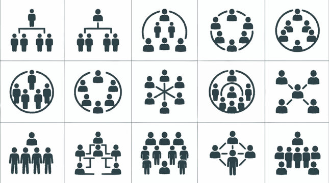 Teamwork Org Chart Icons: Hierarchy, Network, Collaboration, Leadership, Structure