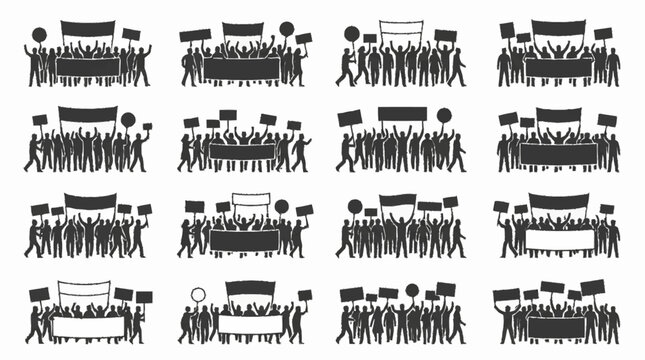 Protestors Crowd Silhouette with Banners and Signs - Demonstration Group