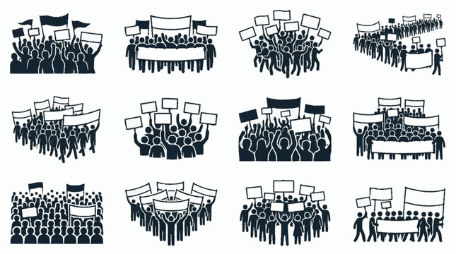 Protest crowd with banners and signs, illustration of social movement and demonstration