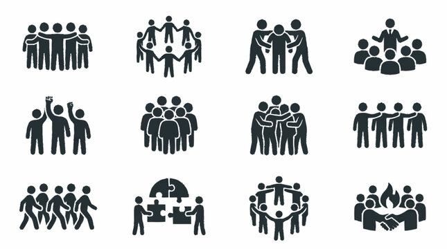 Teamwork and collaboration icons: people in groups, unity, strategy, leadership, community