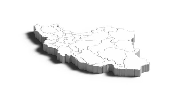 Iran 3D Isometric Map with Administrative Boundaries, Perspective White Vector Illustration of Iranian Provinces