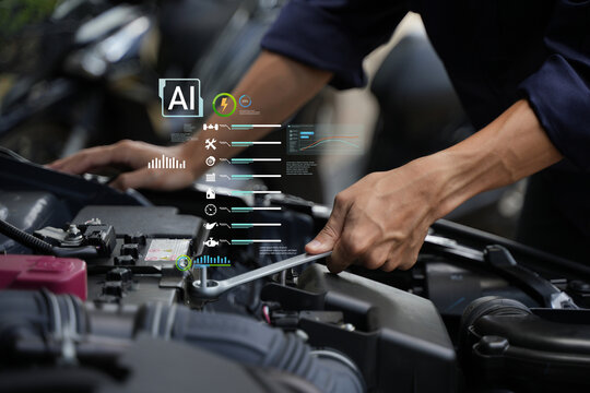 Automotive mechanics test customer service concepts using automotive diagnostic tools and artificial intelligence (AI) on laptops to verify quality.