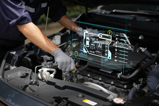 Automotive mechanics test customer service concepts using automotive diagnostic tools and artificial intelligence (AI) on laptops to verify quality.