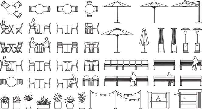Outdoor furniture and cafe seating plan view vector set for architectural design and landscape site planning