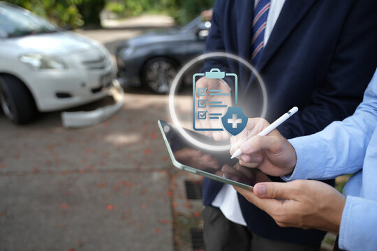 Car insurance: The concept of vehicle protection. Two people are discussing car insurance, the financial protection it provides for a covered vehicle.