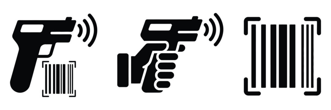 Product code scanner, barcode reader tool icon, silhouette pictogram, retail scanning equipment, checkout symbol, inventory control device, isolated on transparent background