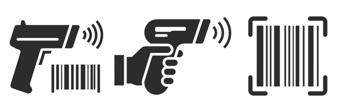 Product code scanner, barcode reader tool icon, silhouette pictogram, retail scanning equipment, checkout symbol, inventory control device, isolated on transparent background