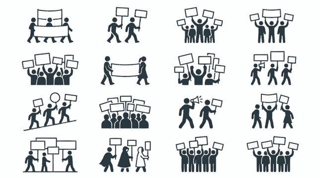 Protest Icons: People marching with signs and banners, demonstrating for a cause.