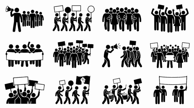 Protest crowd icon set: people marching with signs, banners, and megaphones