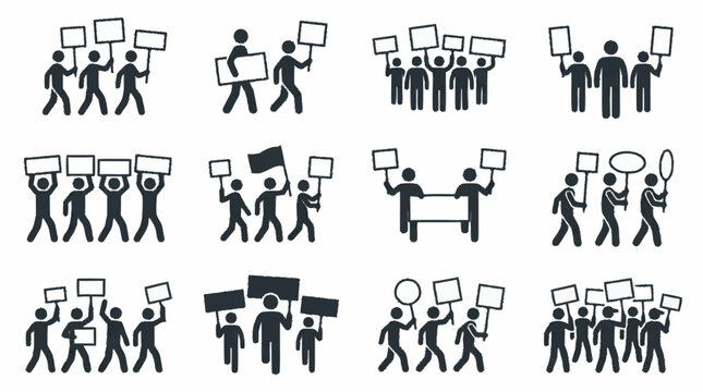 Protestors holding signs and banners, crowd demonstration icons