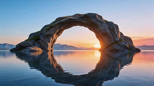 Natural rock arch over calm water at sunset