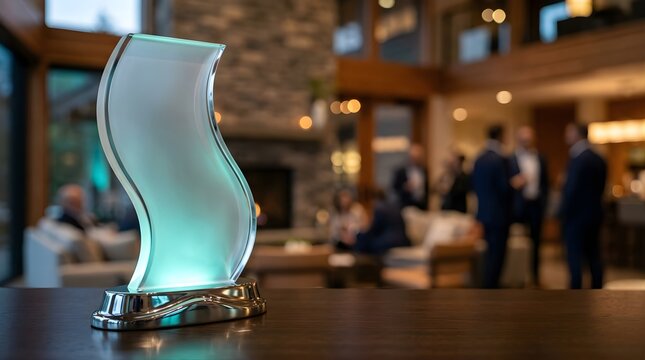 Modern glass trophy standing on a wooden table at a corporate event
