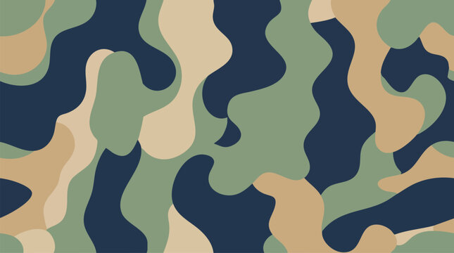 A close-up view of a camouflage pattern featuring green, beige, and dark blue colors.