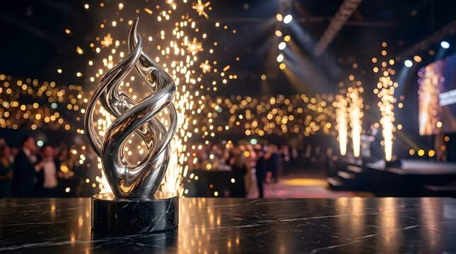 Shiny metal trophy on marble table during corporate gala award ceremony