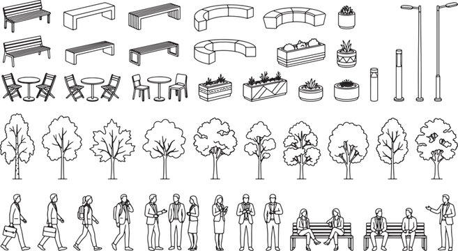 Urban landscape design elements set with trees benches street furniture and people silhouettes in line art style