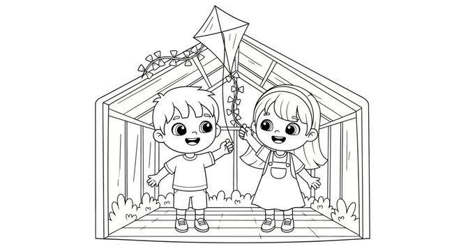 Children playing with kite in treehouse illustration.