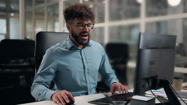 Tired sleepy Arabian ethnic business man working computer job yawning lack energy businessman work cyberspace feel exhausted yawn insomnia problem male office manager guy feeling fatigued boring task