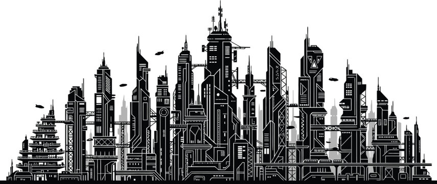 Futuristic cyberpunk city skyline silhouette with high tech skyscrapers towers sci fi buildings and flying vehicles