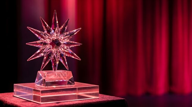 Star shaped crystal trophy on a stage background for an achievement event
