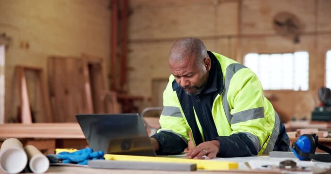 Carpenter, laptop and black man with headache in workshop for timber project, mistake or production. Male person, contractor or stress with computer for carpentry, lumber stock or woodwork deadline