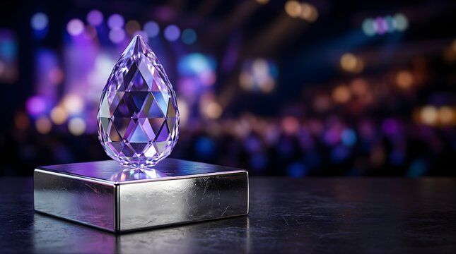 Teardrop crystal trophy on a metal stand at a blurred stage event