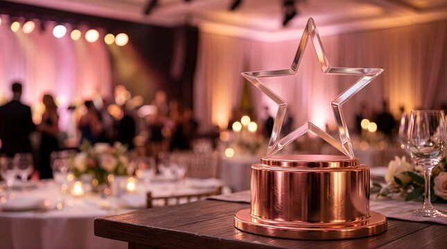 Transparent star trophy displayed on a table at a gala evening event