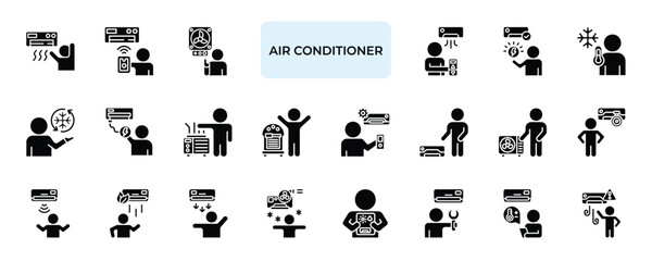 Fototapeta premium Air Conditioner Icon set Collection in Solid Glyph Style. ac, cool, temperature, ventilation, airflow, fan, climate