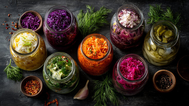 Fermented vegetables assortment, overhead shot