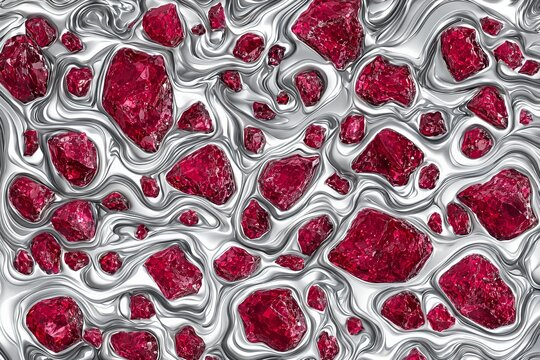 Abstract luxury liquid silver texture background with raw red ruby crystals, futuristic chrome waves and rough gemstone nuggets backdrop, premium design, generative AI