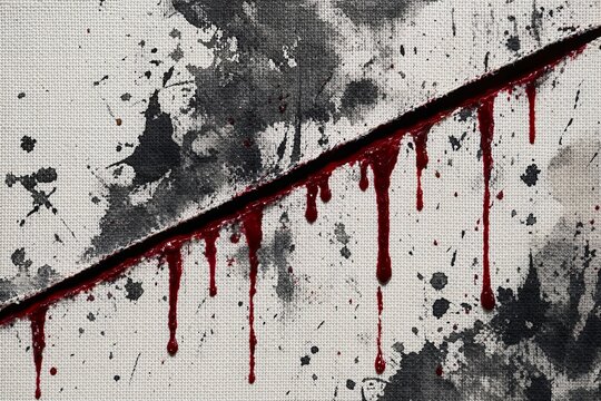 Deep slash cut on white canvas texture background with dripping bloody red liquid, abstract horror concept backdrop, dark grunge splatter style, generative AI