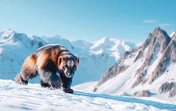 Powerful Wolverine Running Across a Frozen Mountain Plateau Landscape