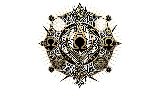 Mystical alpha omega monogram emblem with sacred geometry and symmetrical tribal ornament