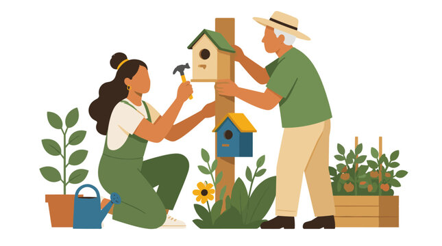 Family gardening project building a birdhouse together.