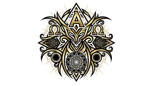 Mystical alpha and omega tribal symbol with wolf head and sacred geometry elements.
