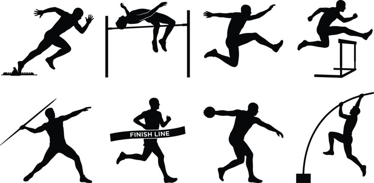 Athletics and track and field sports silhouette set featuring runner high jump long jump hurdles javelin discus and pole vault