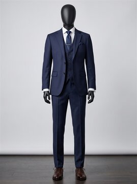 Elegant navy blue three-piece suit on mannequin with polka dot tie, business formal menswear fashion concept