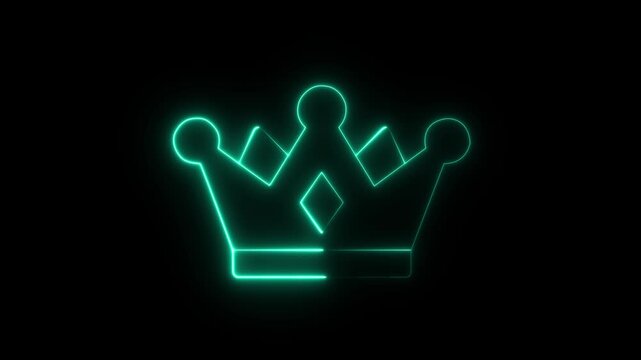 Glowing neon crown icon animation, royalty luxury symbol, king queen crown sign for celebration and leadership on black background, 4k video