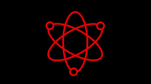 Glowing atom symbol with electrons spinning in elliptical orbits representing nuclear energy and scientific research, 4k video