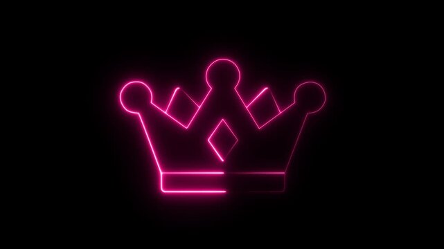 Glowing neon crown icon animation, royalty luxury symbol, king queen crown sign for celebration and leadership on black background, 4k video