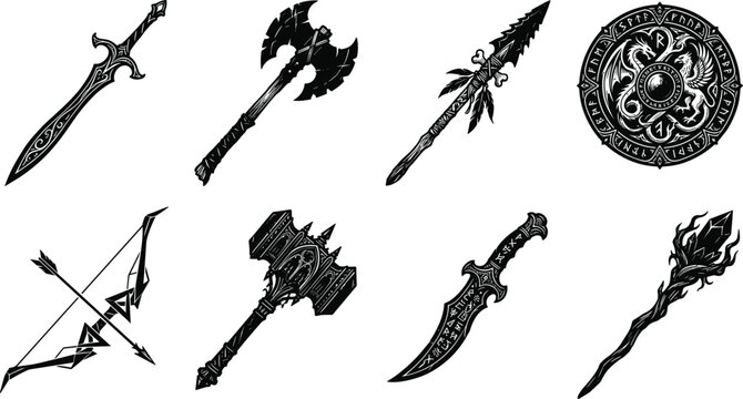 Collection of medieval fantasy weapon silhouettes including sword axe shield bow and magic staff for game design assets