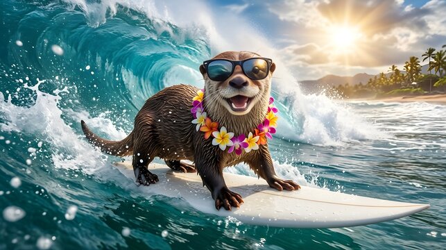 Cute Otter Surfing Ocean Wave Wearing Sunglasses and Hawaiian Flower Lei, Summer Beach Adventure. otter, surfing otter, surfboard, ocean wave, sunglasses, hawaiian lei, summer, beach, cute otter, 