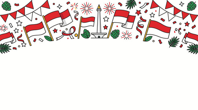 Indonesia Independence Day Background with Flags Monas and Fireworks Border Illustration