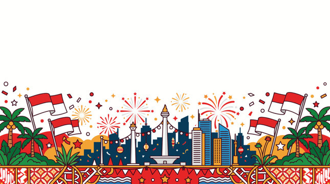 Indonesia Independence Day Background with Jakarta City Skyline Monas Flags and Fireworks Illustration