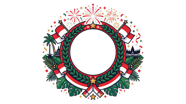 Indonesia Independence Day circular wreath badge frame template with red and white flag, Monas, Borobudur, Rumah Gadang, and fireworks on copy space background