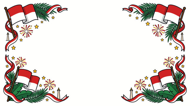 Indonesia Independence Day border frame template with red and white flag, monas monument, fireworks, and tropical leaves decoration on copy space background