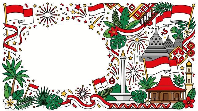 Indonesia Independence Day doodle border background with Borobudur temple, Monas monument, Joglo traditional house, red and white flag, and fireworks on copy space